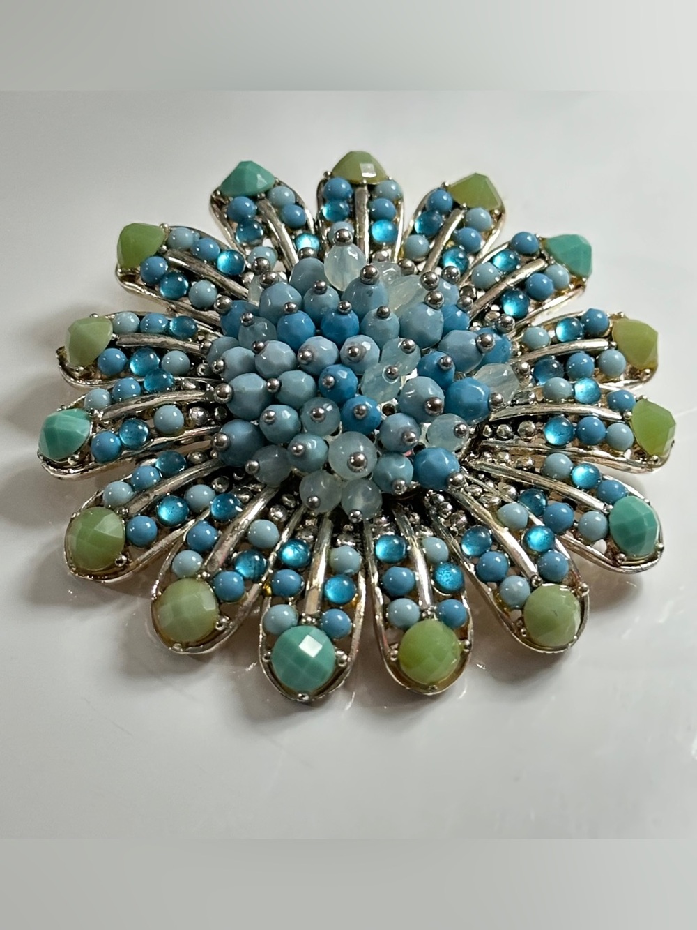 Vintage Signed LC Floral Brooch | Blue & Green Moon-glow Beaded Cabochon Pin